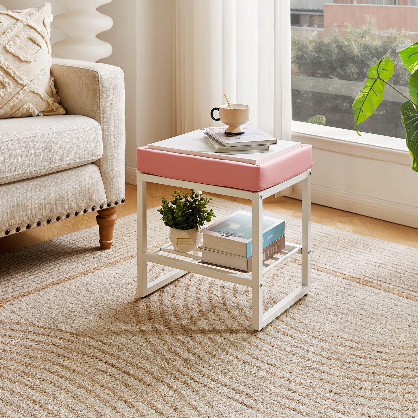 Aibiju Pink Dressing Table Chair, Footrest Stool with Adjustable Feet, PU Seat Vanity Stool