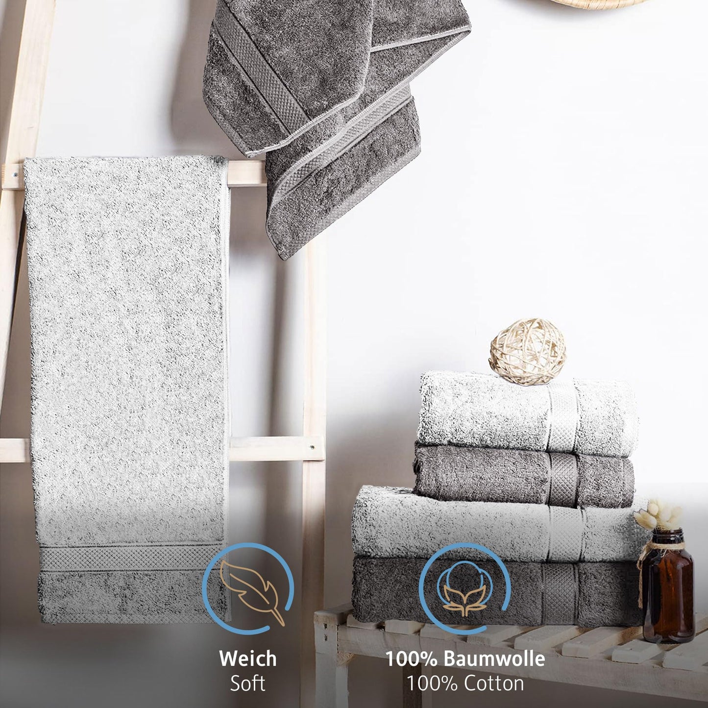 Komfortec Set of 8 Hand Towels 50 x 100 cm 100% Cotton Terry Towelling Soft Anthracite Grey/White