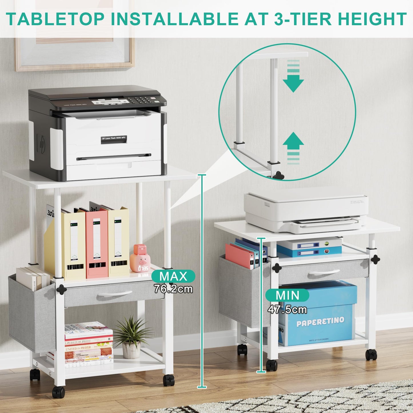 OYRREU 3 Tier Printer Stand on Wheels, Height Adjustable Mobile Table White