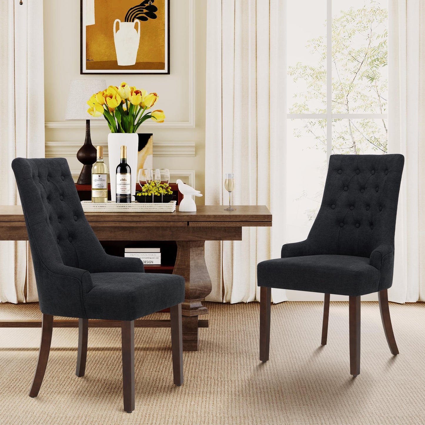 MALOL Upholstered Dining Chairs Set of 2, Wingback Dining Room Chairs with Tufted Button, High Back Kitchen Chairs with Solid Wood Legs