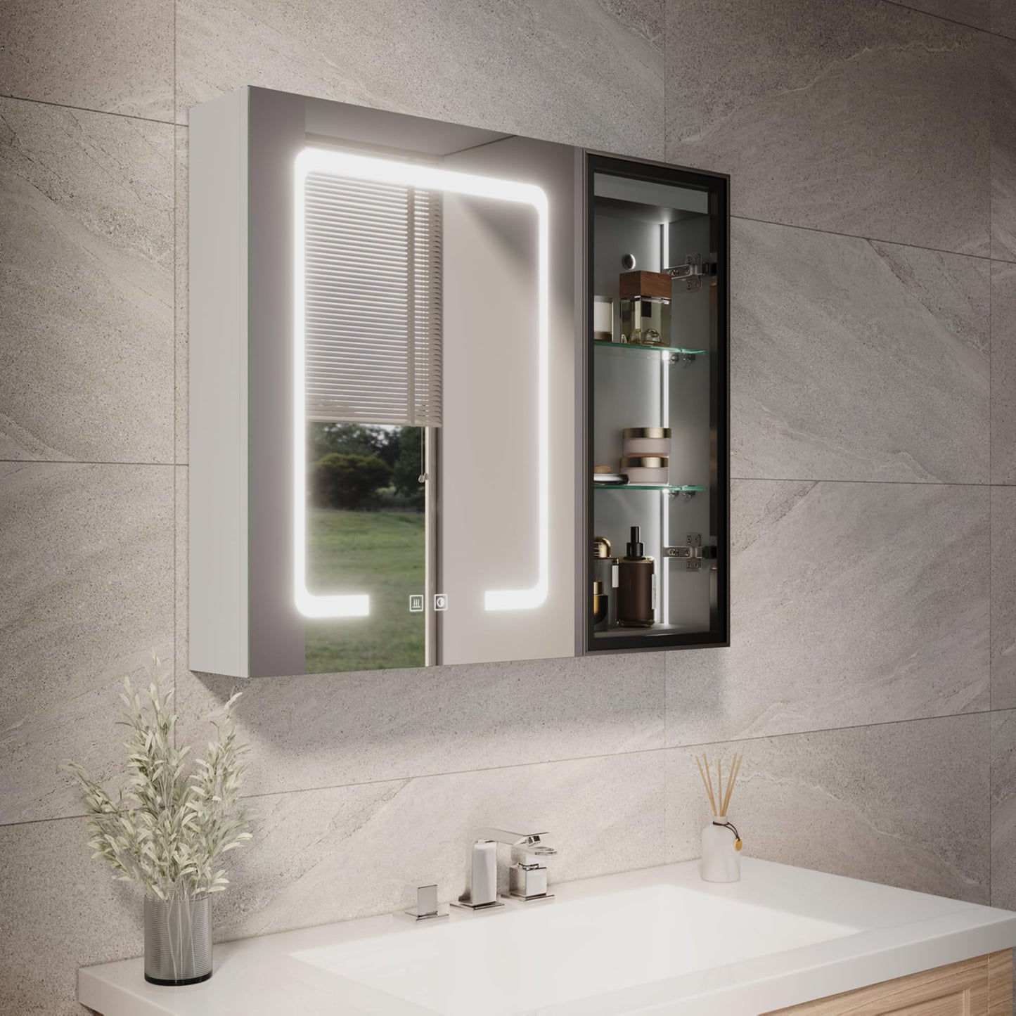 ELEGANT LED Bathroom Mirror Cabinet with Shaver Socket, Grey, 700x600mm