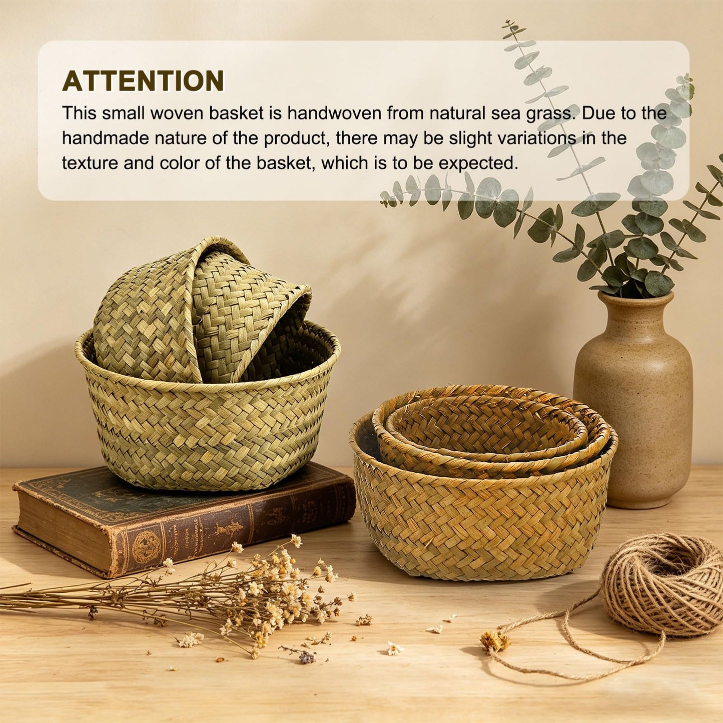 M METERXITY 2-Pack Natural Seagrass Woven Storage Basket, Small Round Storage Seaweed Woven Sundries Baskets for Fruit/Kitchen/Desktop/Household