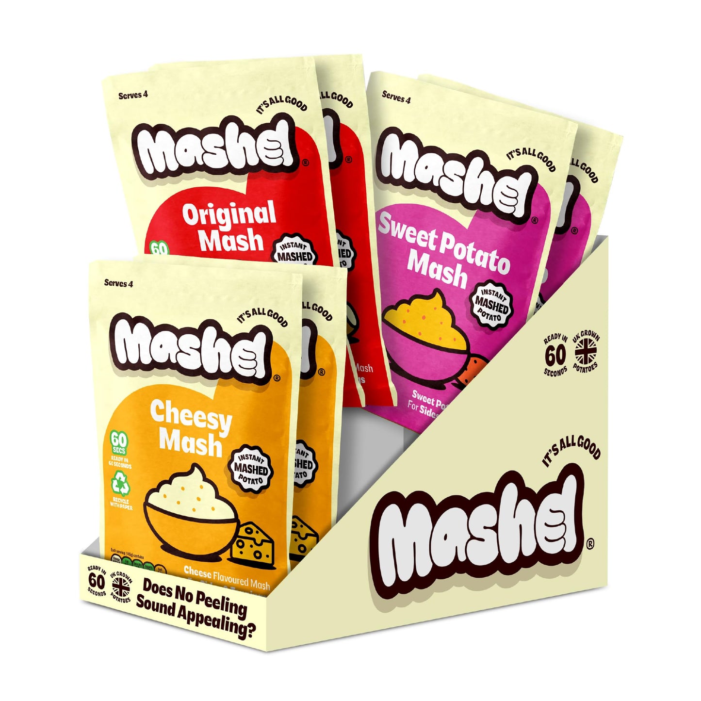 Mashd Variety Pack Mash Potato Pouches - Pack of 6 x 140g - Original, Cheesy Mash & Sweet Potato - Instant Side Dish in One Minute, Just Add Hot Water