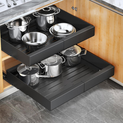 Kitstorack Pull Out Cabinet Organiser, Extendable Slide Out Drawer Storage Shelves for Kitchen Cupboard with Adhesive Film, Roll-Out Sliding Drawer
