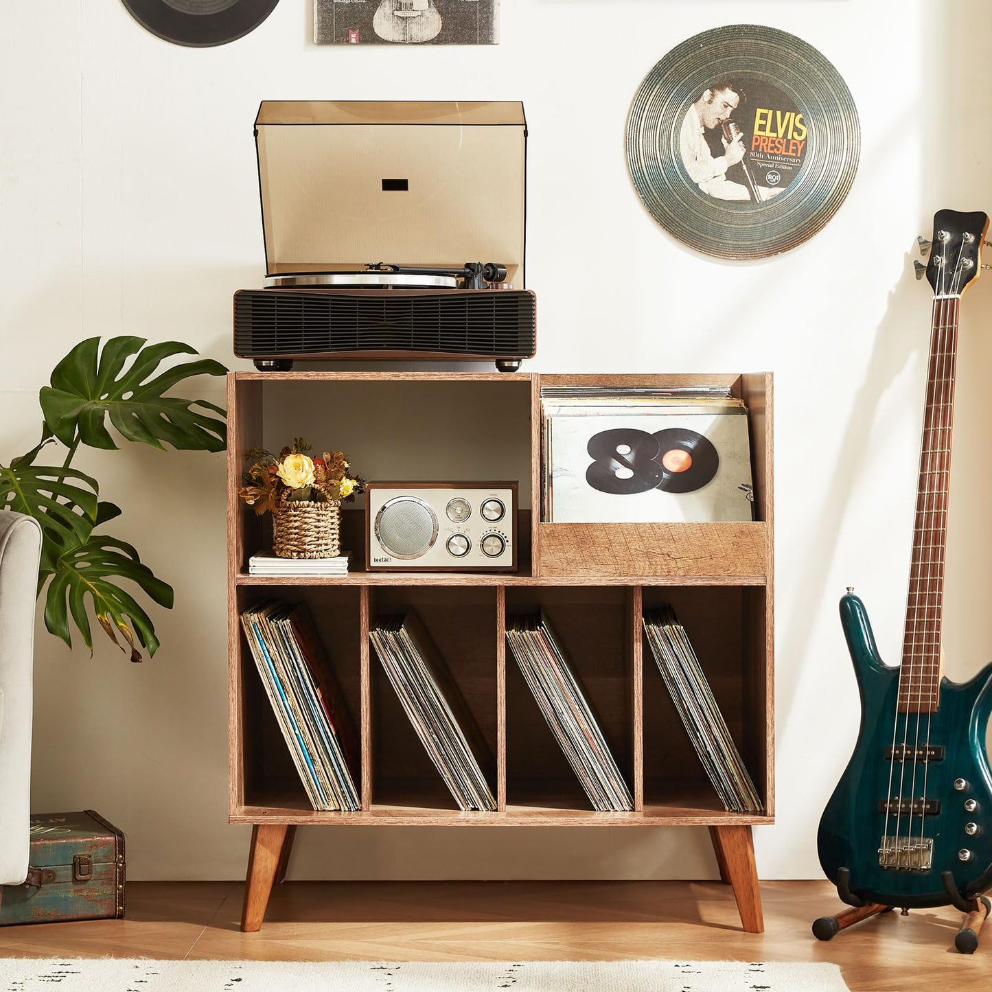 Large record stand with storage, record player stand with shelf, vinyl record holder with presentation surface, record stand for up to 300 albums