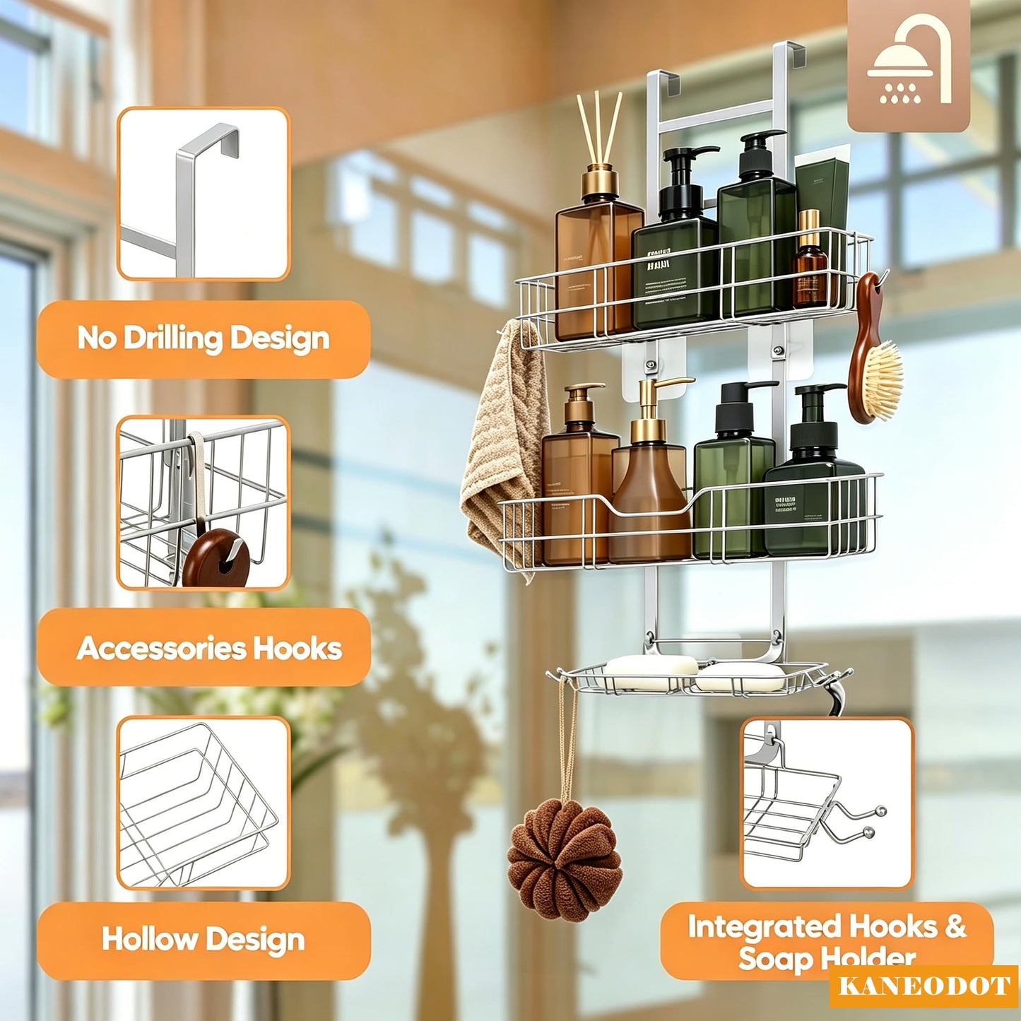 KANEODOT Shower Caddy Hanging, Over The Door Shower Storage, 2 Tier No Drilling Shower Shelf with Soap Holder for Bathroom Kitchen Silver Grey