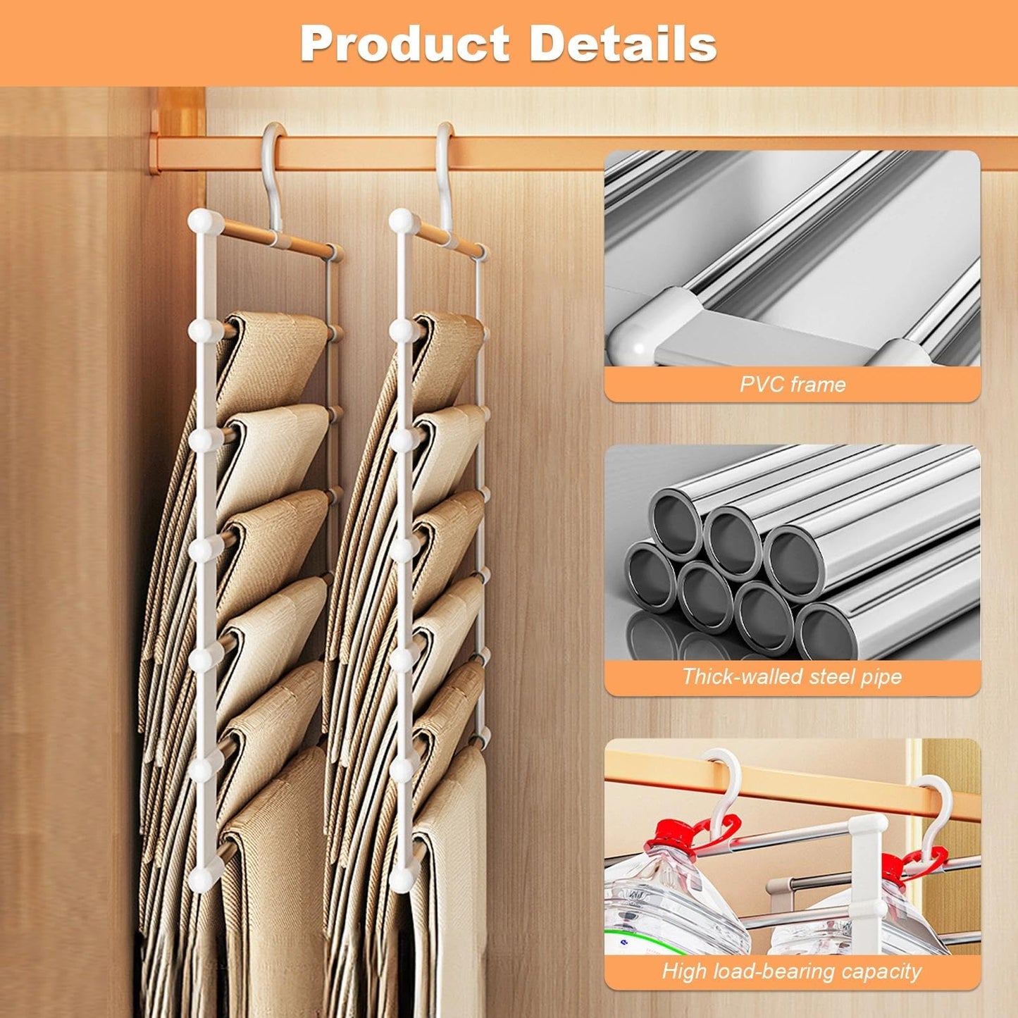 Trouser Hangers Space Saving for Wardrobe, 2 Pcs Smart Non-Slip Multifunctional Closet Organizer for Trousers Jeans Skirts Scarves Towels