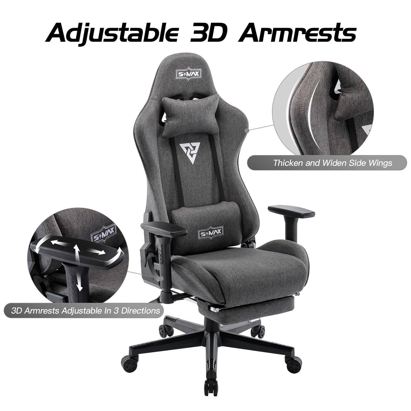S*MAX Gaming Chair with Footrest Fabric Thicken Seat Ergonomic Gaming Chairs with 3D Armrest Breathable Fabric Headrest Lumbar Support Racing Style