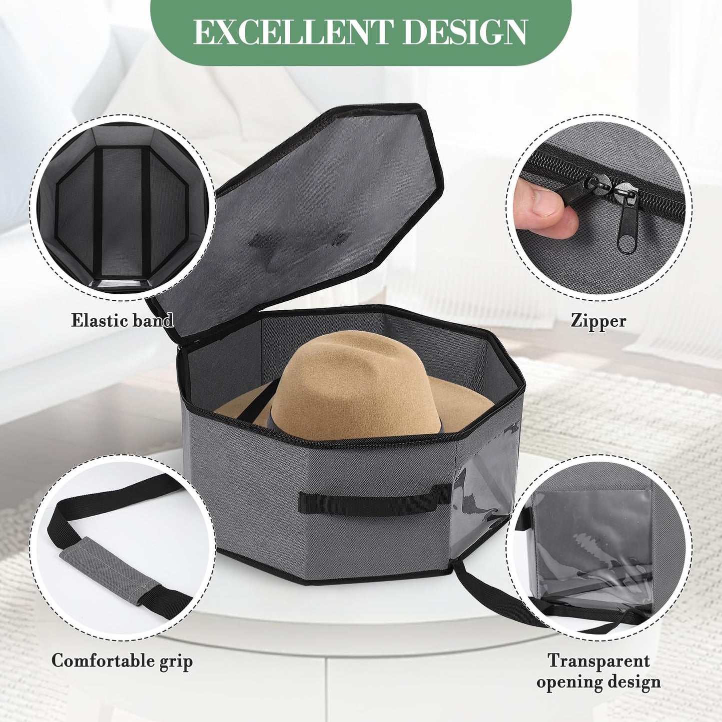 GarveeMore 3 Pack Hat Box for Travel Cowboy Hat Travel Case Carrier Bag with Shoulder Strap, 42x42x19cm Collapsible Cap Case with Cardboard