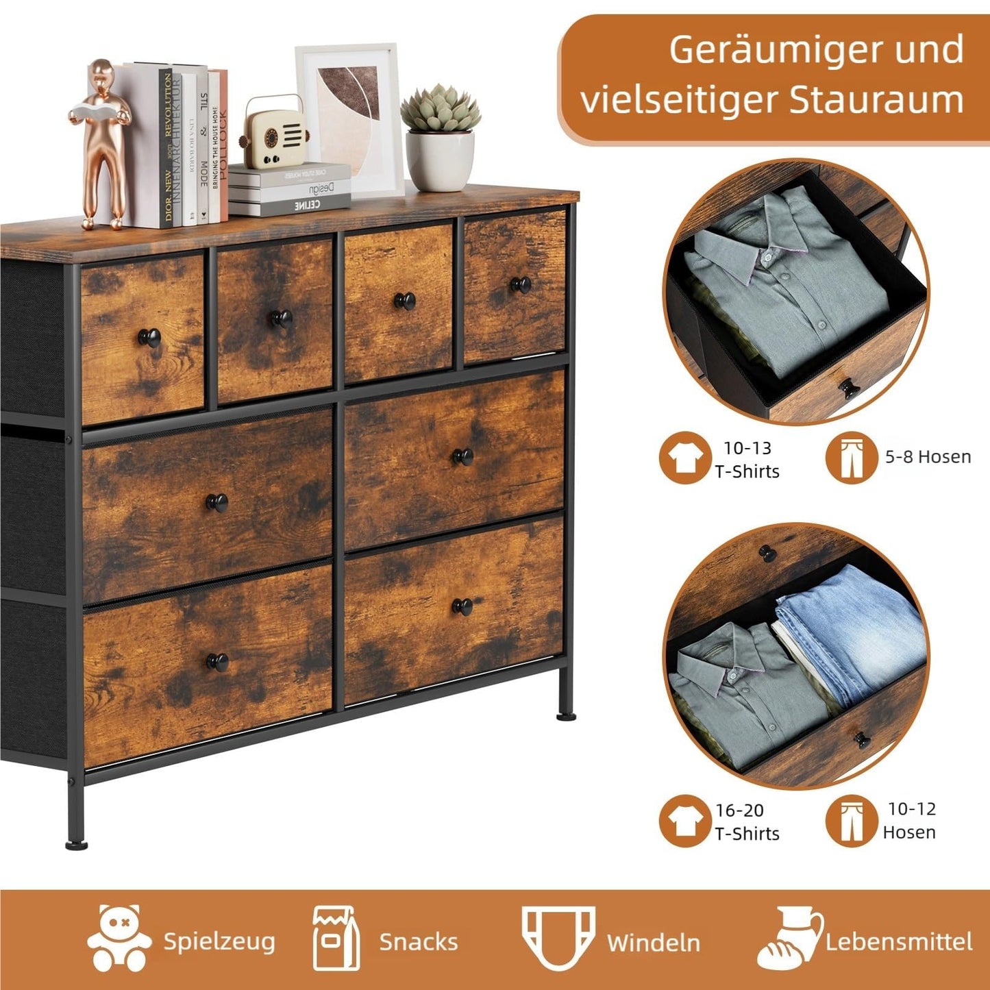 Clevich Chest of Drawers with 8 Fabric Drawers, Wooden top Sideboard, Metal Frame, Anti-Tip Design Storage Cabinet for Bedroom