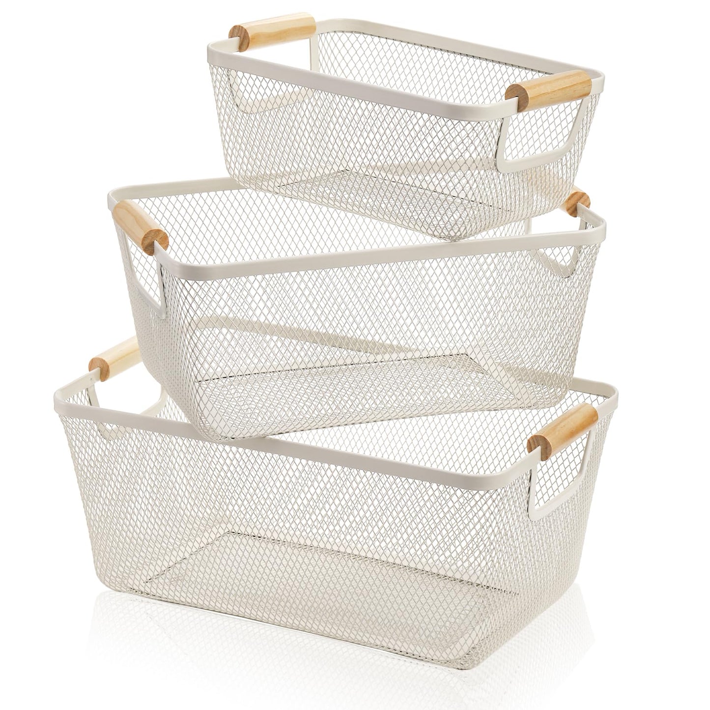 Noamus 3 Pack Metal Mesh Baskets with Wood Handle, Iron Storage Organizer Basket, White Wire Countertop Baskets for Organizing