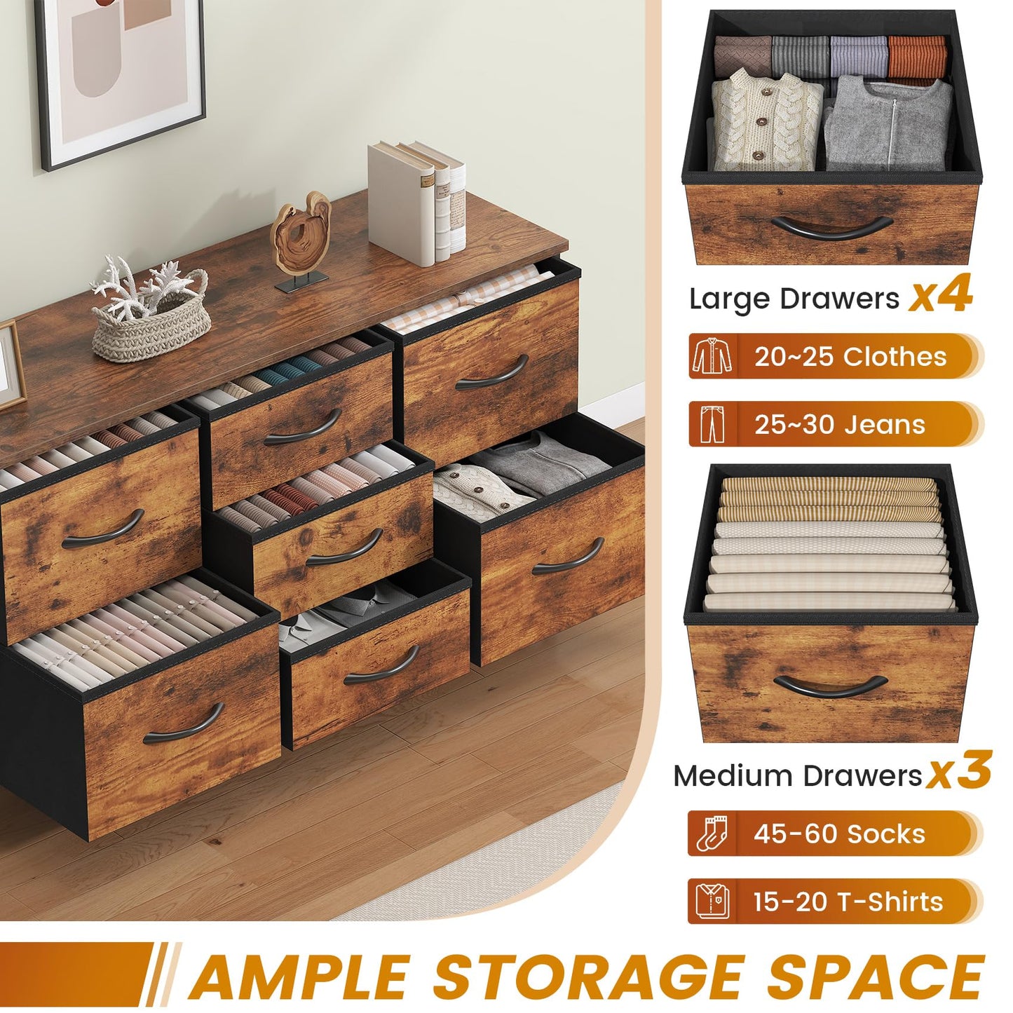 Feonase Chest of Drawers,Bedroom Dresser with 7 Fabric Drawers, Metal Frame & MDF Wood Top, Adjustable Feet, Storage Organizer Unit for Bedroom