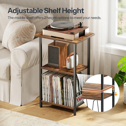 HOOBRO Record Player Stand, Turntable Stand up to 100 Albums, 3-Tier Album Vinyl Record Storage Rack with Dividers, End Table, for Living Room