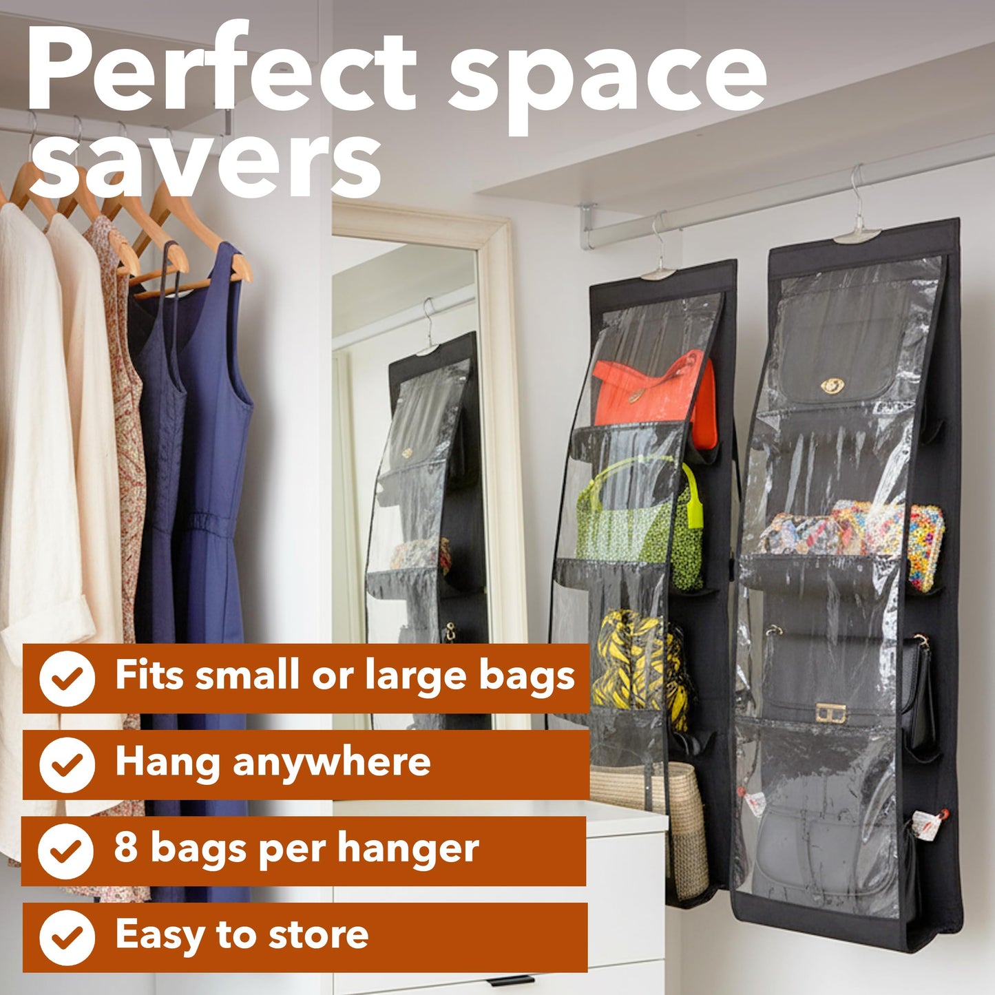 unel Hanging Handbag Storage Organiser (2 Pack), Each Hanger Holds 8 Bags for Wardrobes, Space Saving & Washable