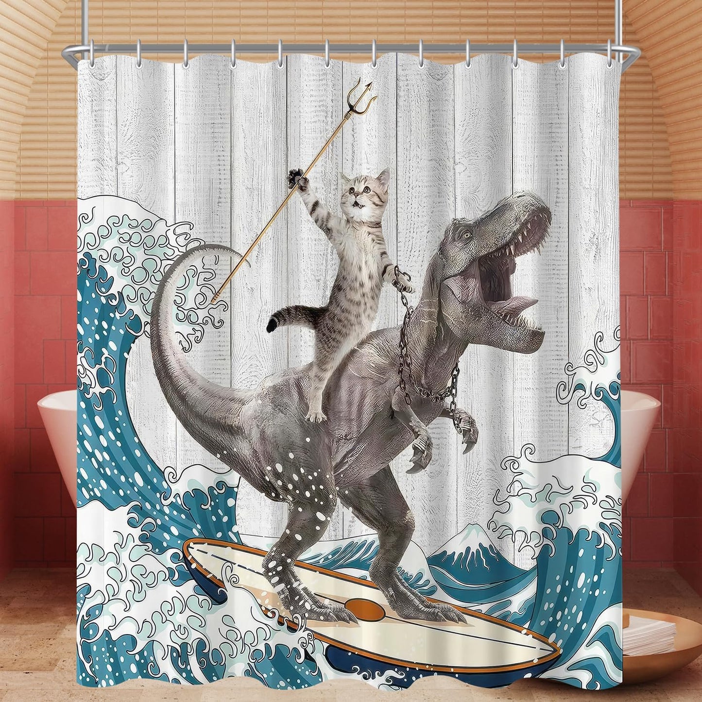 Lerores Shower Curtain, 240 x 200 cm, Cats and Dinosaurs, Weighted Hem, Anti-Mould, Water-Repellent