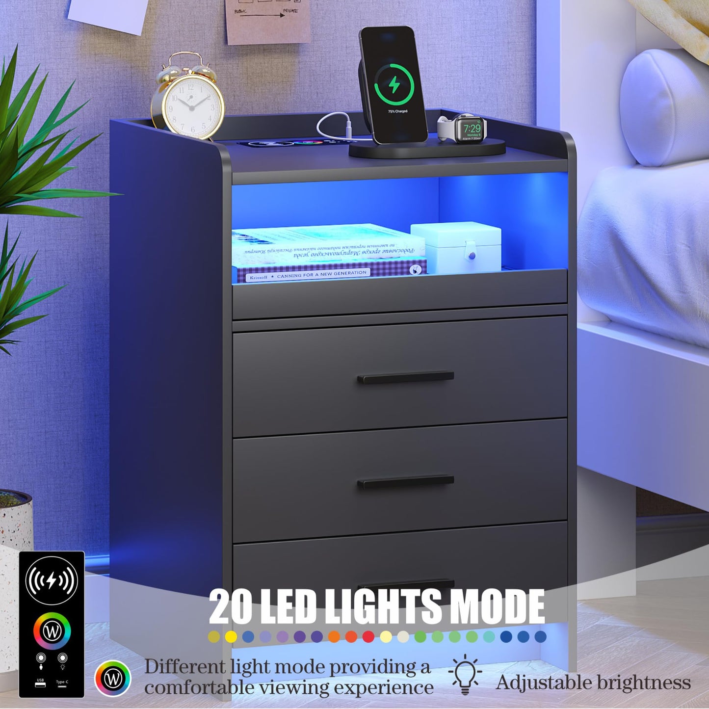 FREDEES Bedside Table with Charging Station and LED Lights, Grey