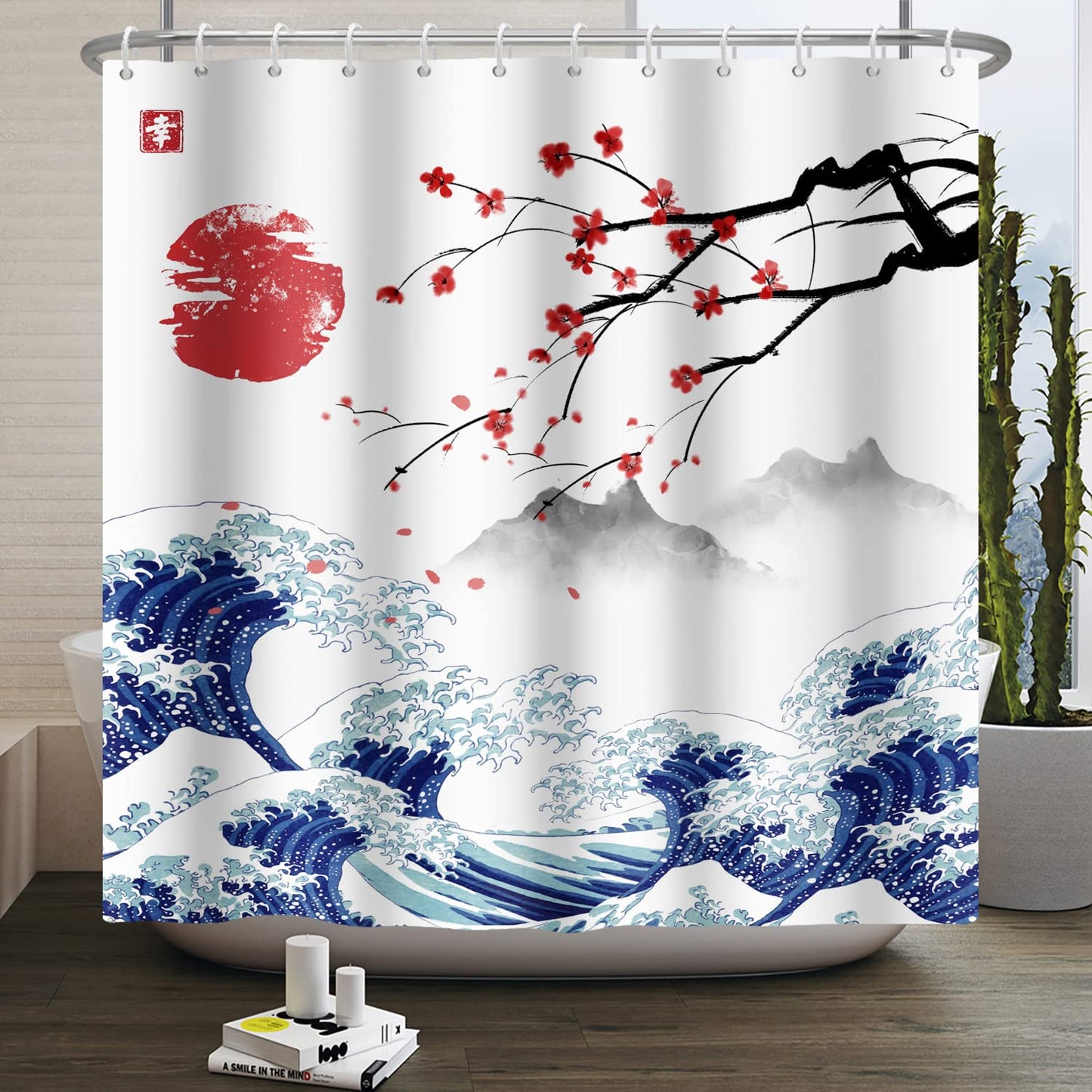 SDOTPMT 180x198cm Japanese Mount Fuji Shower Curtain Cherry Blossom Sunset Asian Ink Painting Bath Curtain Wave Landscape Painting Bathtub Curtain