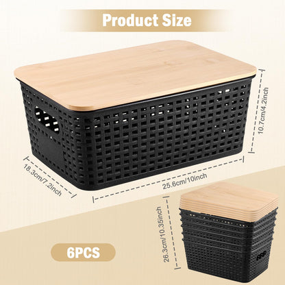 Huiguli 6 Pack Black Plastic Storage Boxes with Bamboo Lid