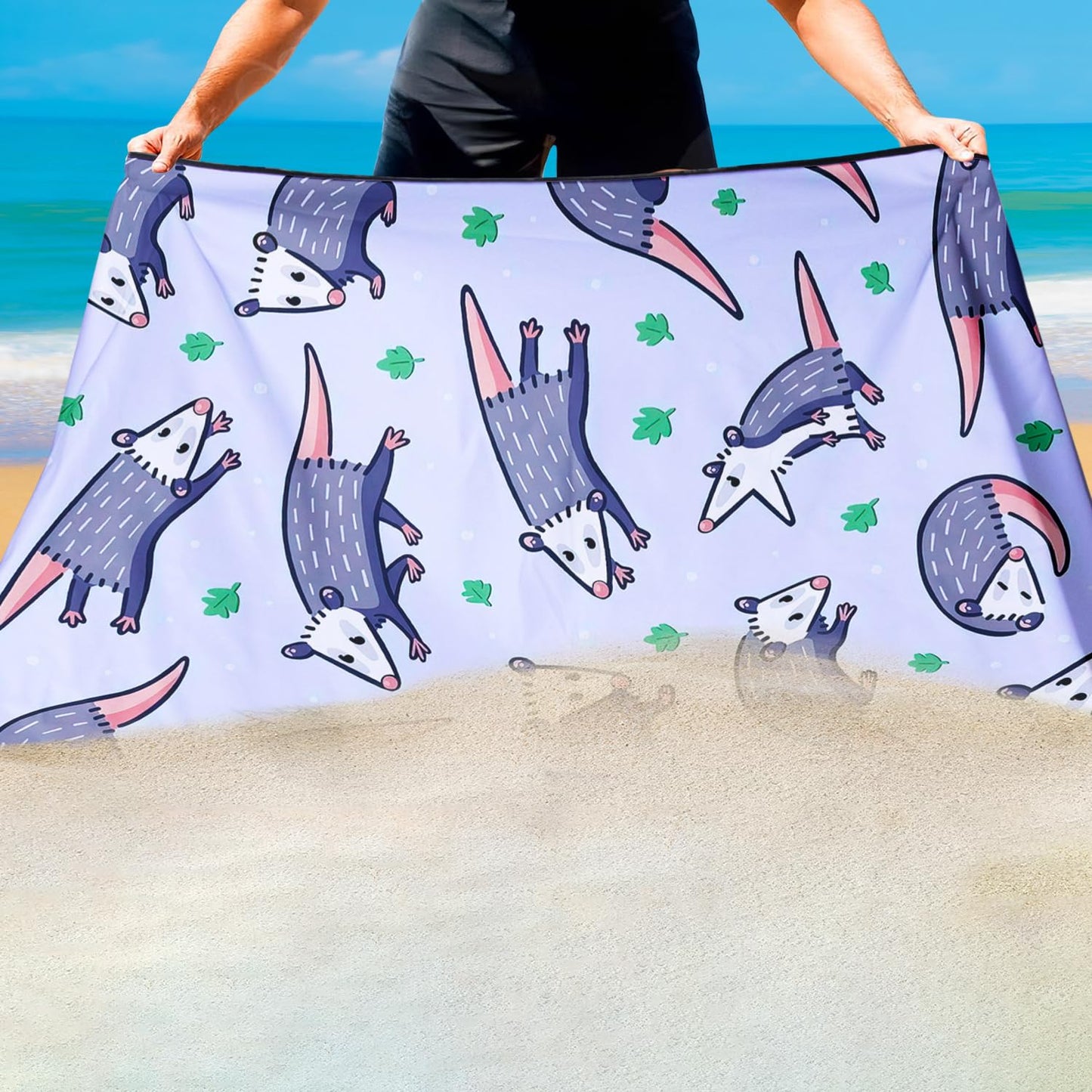 Violetpos Cute Opossum Print Beach Towel, Extra Large 180x90 cm 250GSM Microfibre, Sand Free Quick Dry