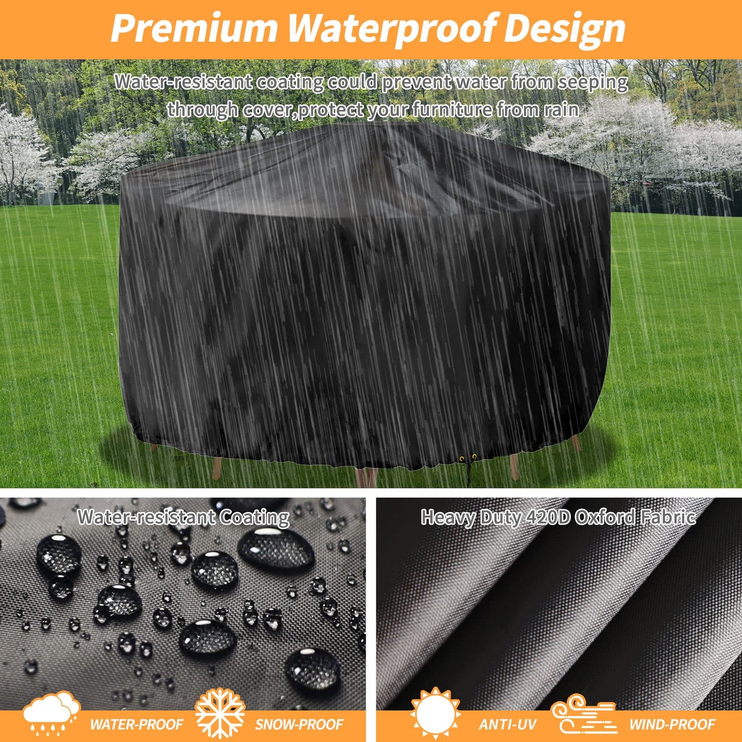 RICHIE Round Garden Furniture Covers Waterproof, Large Round Garden Table Cover 300x90cm, Heavy Duty 420D Outdoor Round Table Cover Windproof, Anti-UV