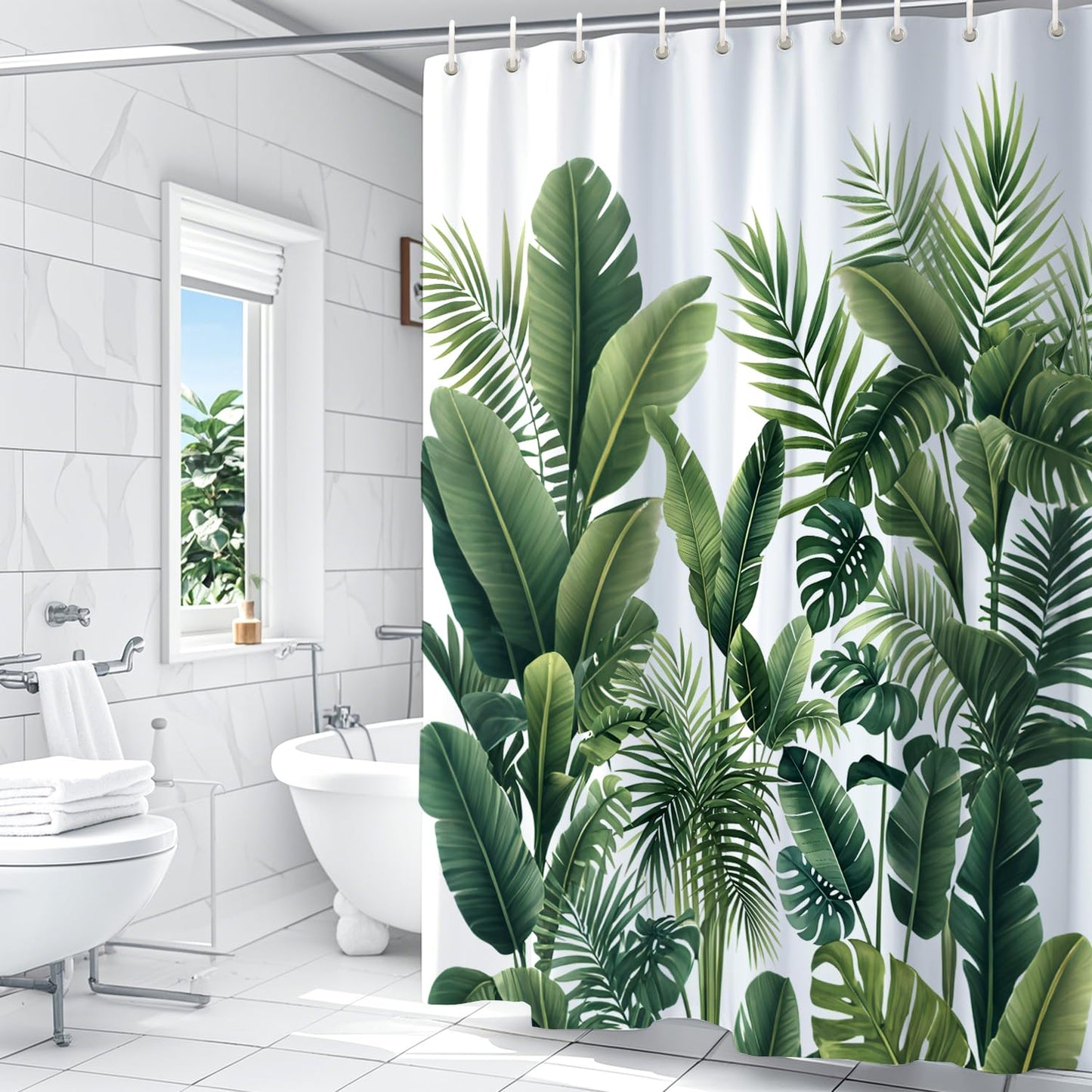 WYRCFS Shower Curtain 180x180cm Green Palm Leaves Mould Proof Waterproof