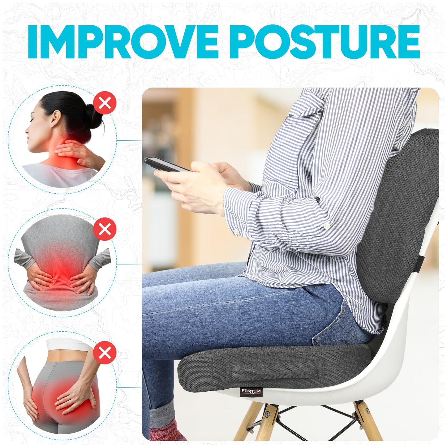FORTEM Seat Cushion & Lumbar Support for Office Chair, Car Seat Combo