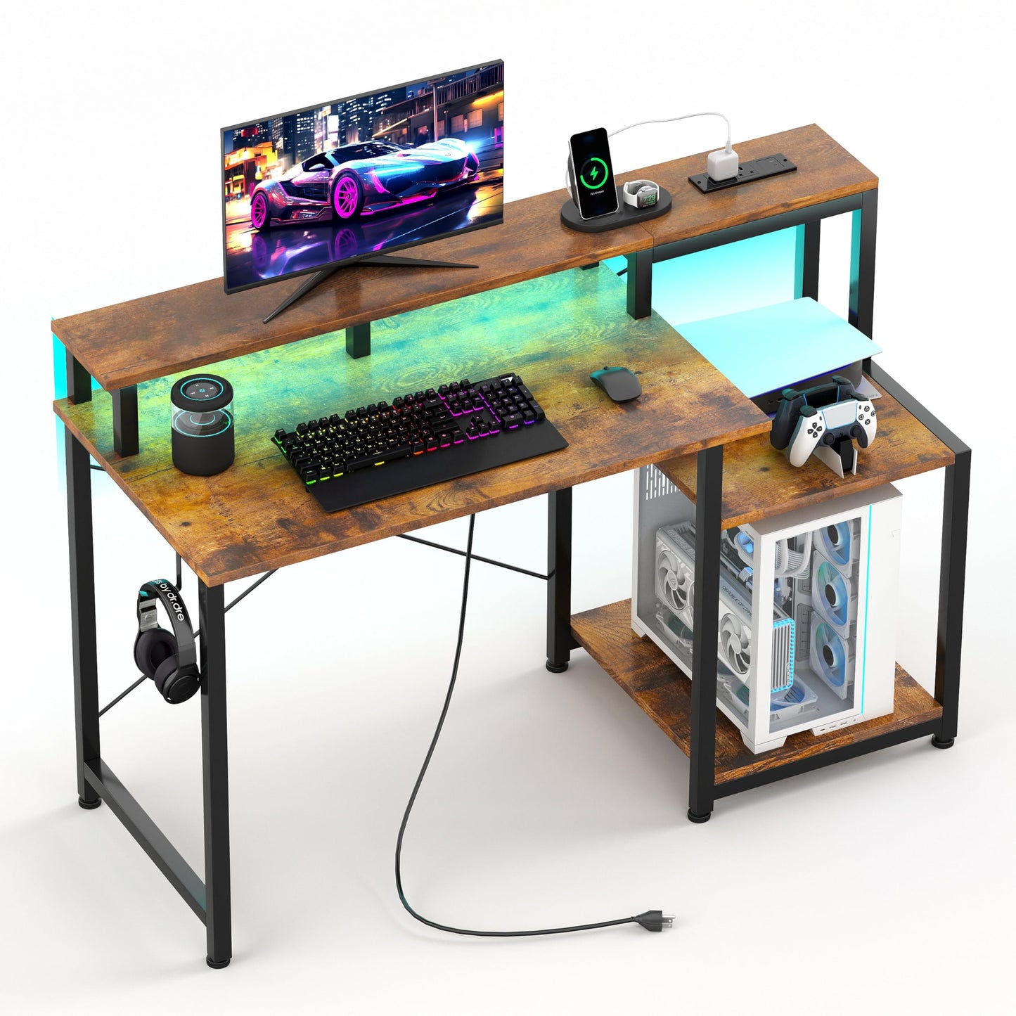 CAIYUN Computer Desk with Printer Stand, 48 Inch Computer with Power Outlets & Adjustable LED, Office Desk with Monitor Stand Rise