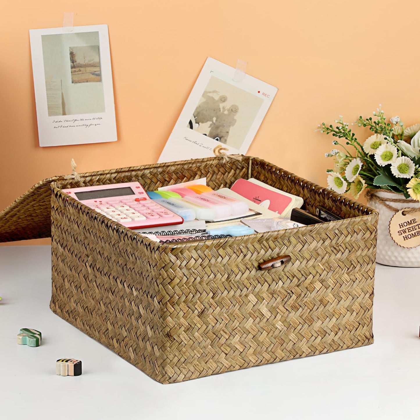 IGNPION Seagrass Storage Basket with Lid Woven Wicker Desktop Basket Rectangular Bathroom Storage Organiser Box