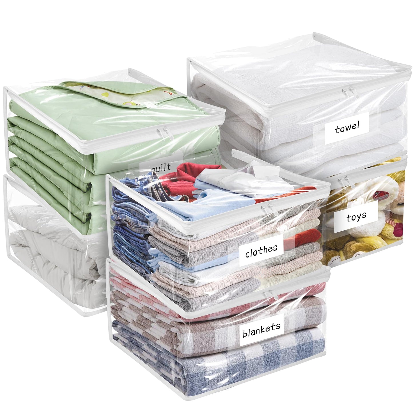 Kikerike Plastic Storage Bags with Easy-Glide Zipper, Pack of 6, Durable Clear Vinyl Zippered Storage Bags for Clothes Sweaters Comforters Blankets