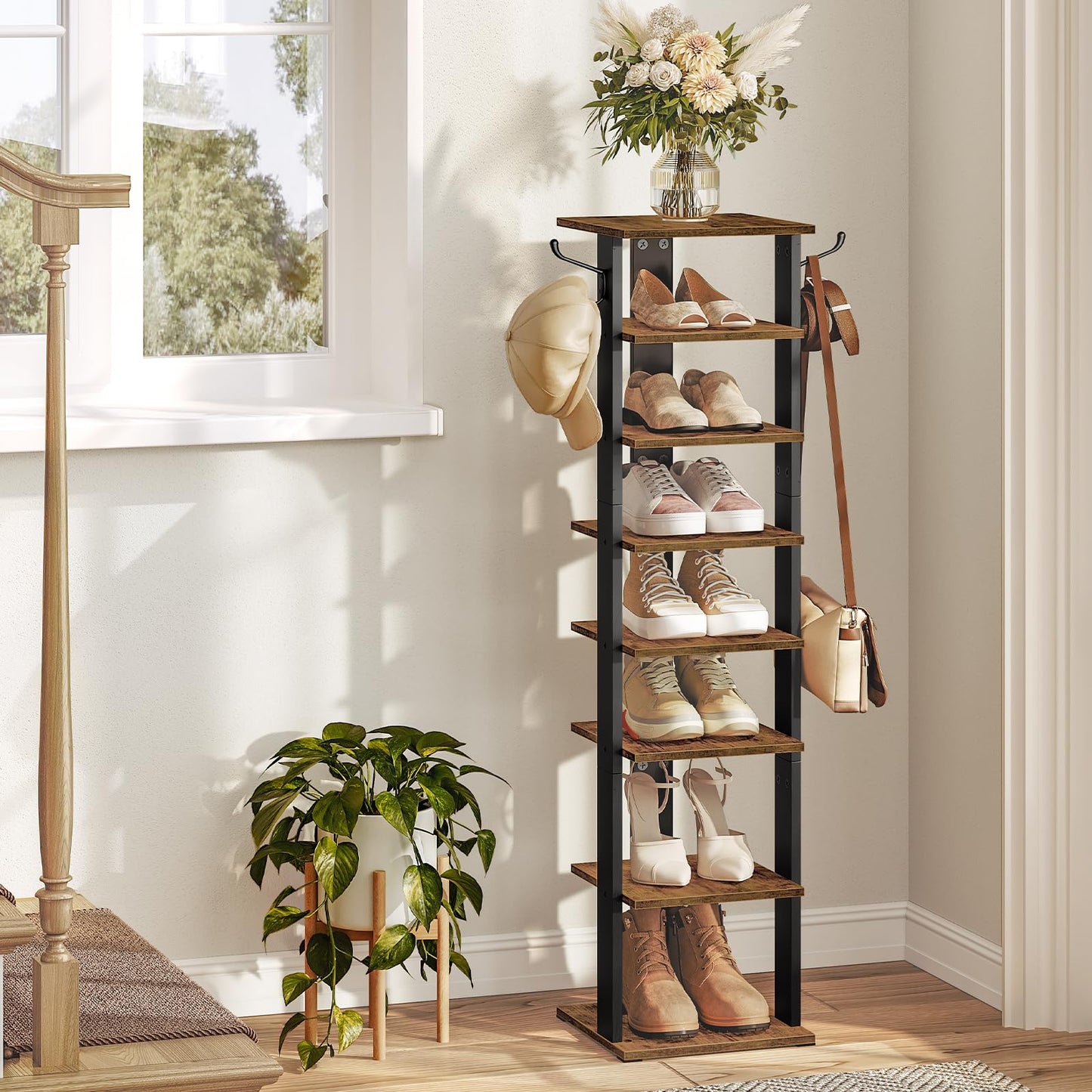 HOOBRO Shoe Rack Wooden, Tall Shoe Rack, Narrow Shoe Storage Organizer with 2 Hooks, Slim Narrow Shelf, Vertical Tower for Entrance, Living Room