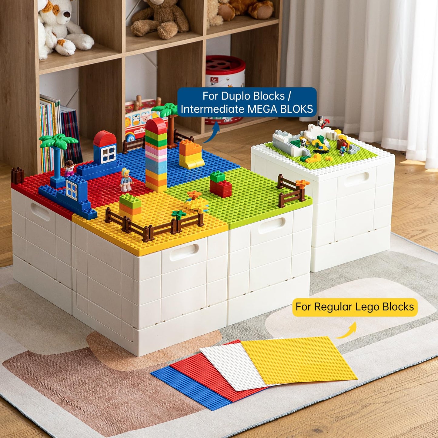SHIMOYAMA Collapsible Storage Box with Baseplate Lid for Duplo, 25L Stackable Bin with Separate Building Board for Lego