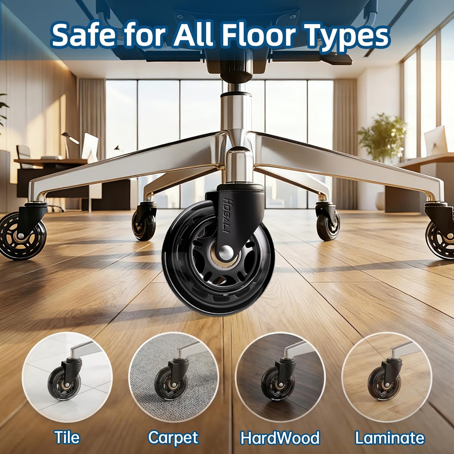 Office Rubber Chair Casters Replacement, 3 Inch Heavy-Duty Computer Gaming Desk Caster Wheels Smooth & Safe Rolling for All Floors Including Hardwood