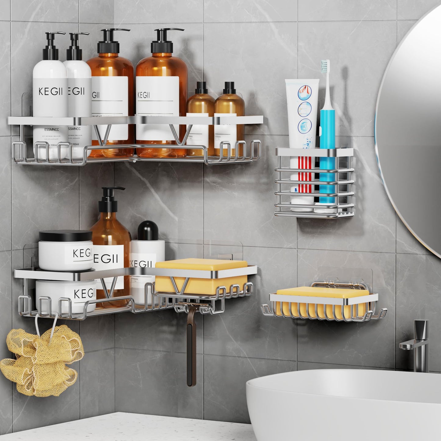 KEGII Corner Shower Caddy Silver - Shower Organiser Set with 2 Corner Shelf, Soap Holder and Toothbrush Holder, Stainless Steel, No Drilling