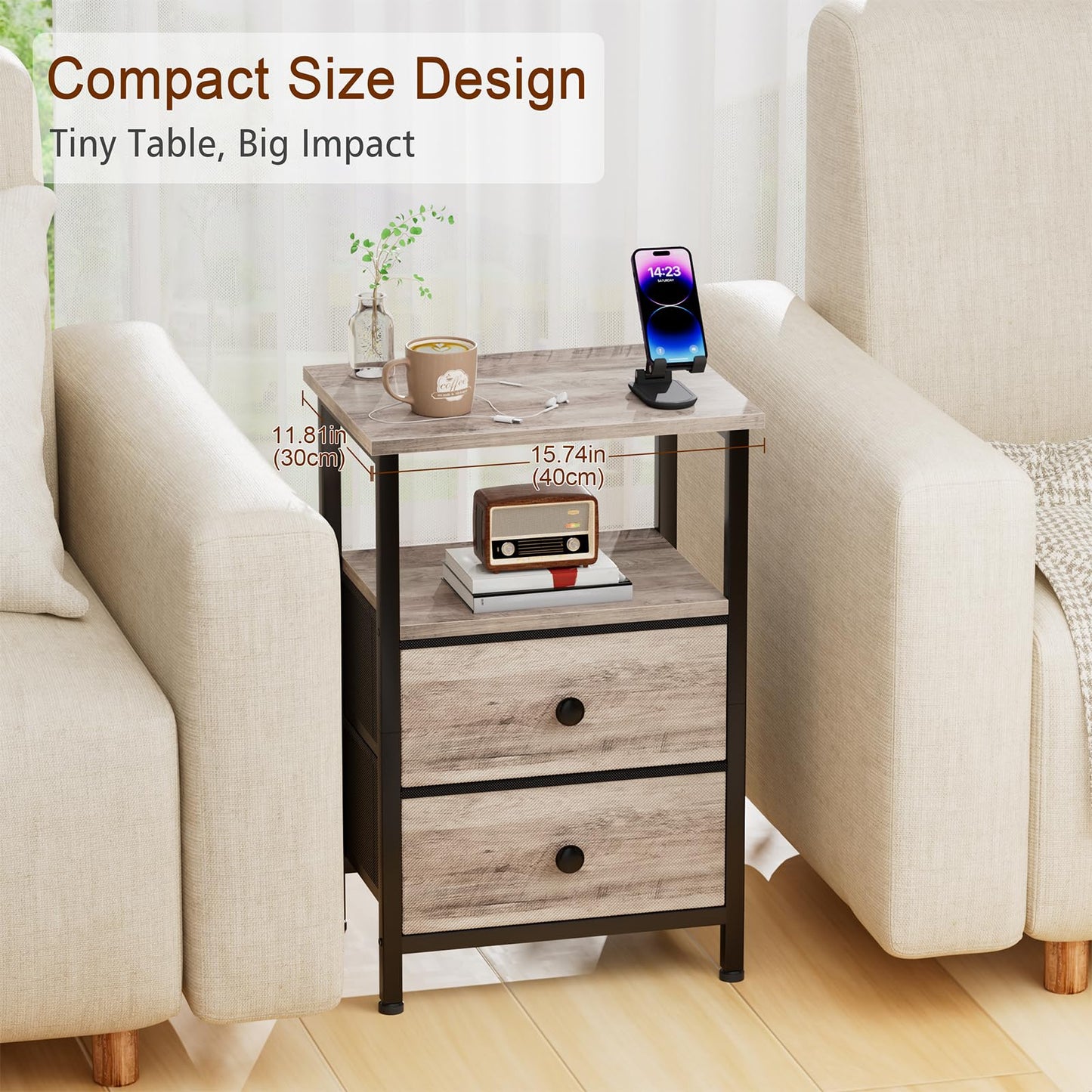LOAKEKEL Bedside Table, Side Tables Set of 2 with 2 Fabric Drawers