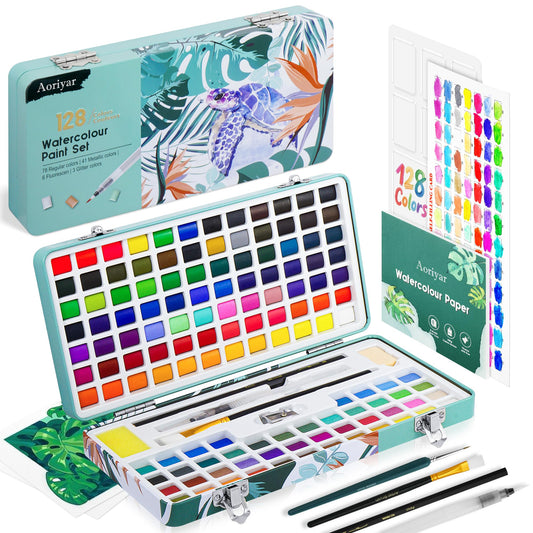 Watercolour Paint Travel Sets with Palette - 128 Art Supplies Water Color Painting Professional Kit for Kids Adults Artists - Portable Metallic