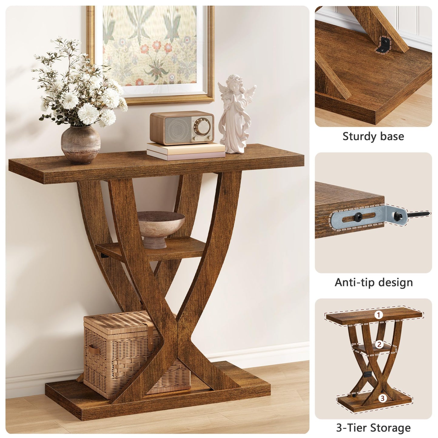 FAVOOSTY Slim Console Table for Hallway, 3-Tier Half Moon Narrow Entryway Table with Shelves, Industrial Behind Sofa Table