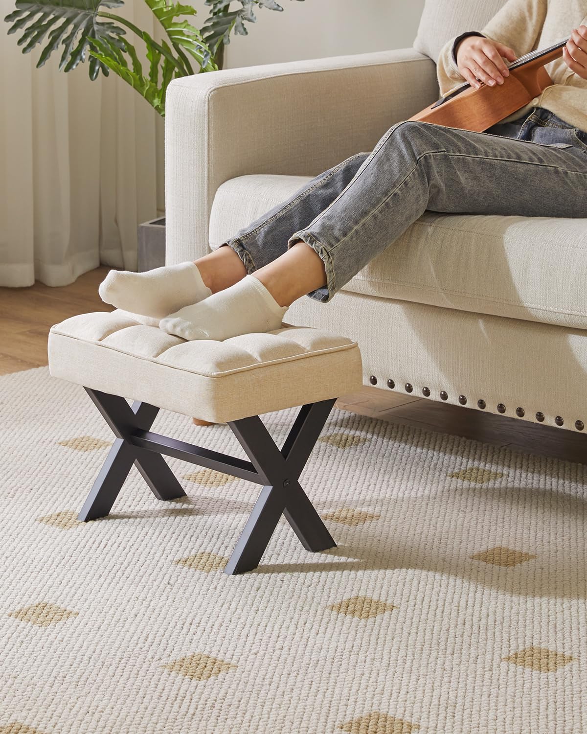 IBUYKE Small 12" H Footrest, Square Linen Step Stool, Linen WBD011Y