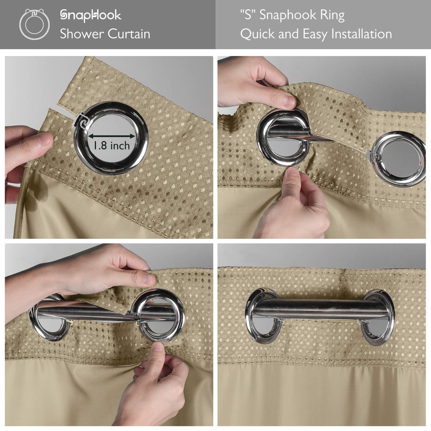 Lagute SnapHook Waffle Weave Fabric Hook Free Shower Curtain with Snap-in Liner, Heavy Duty Bath Curtain with See Through Top, Hotel Grade