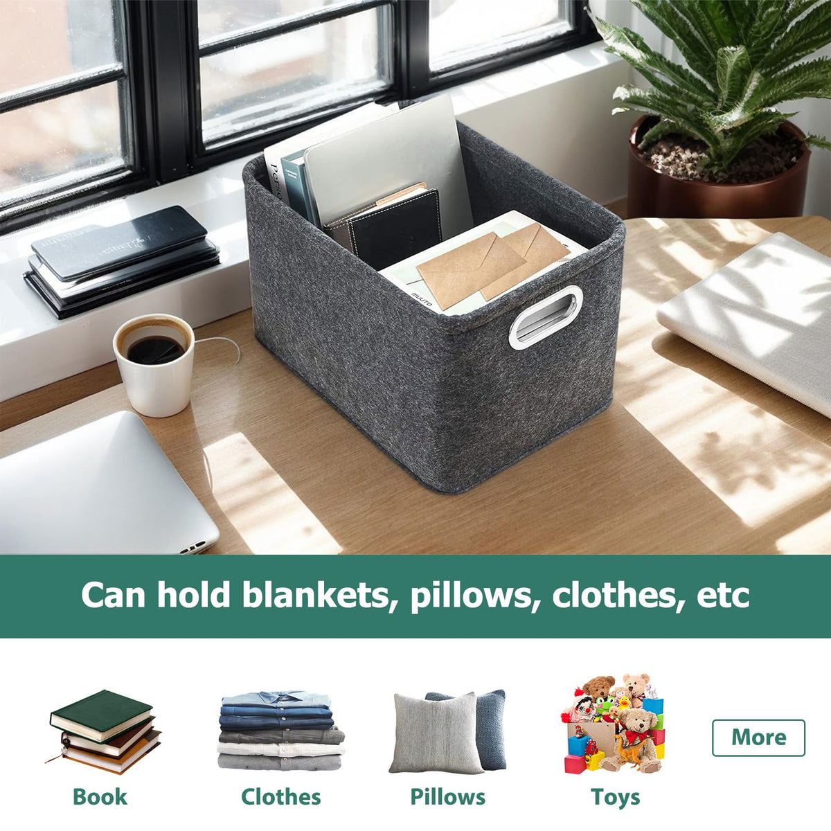 Elyrau Felt Fabric Storage Baskets with Handle, 2 Pieces, Dark Grey