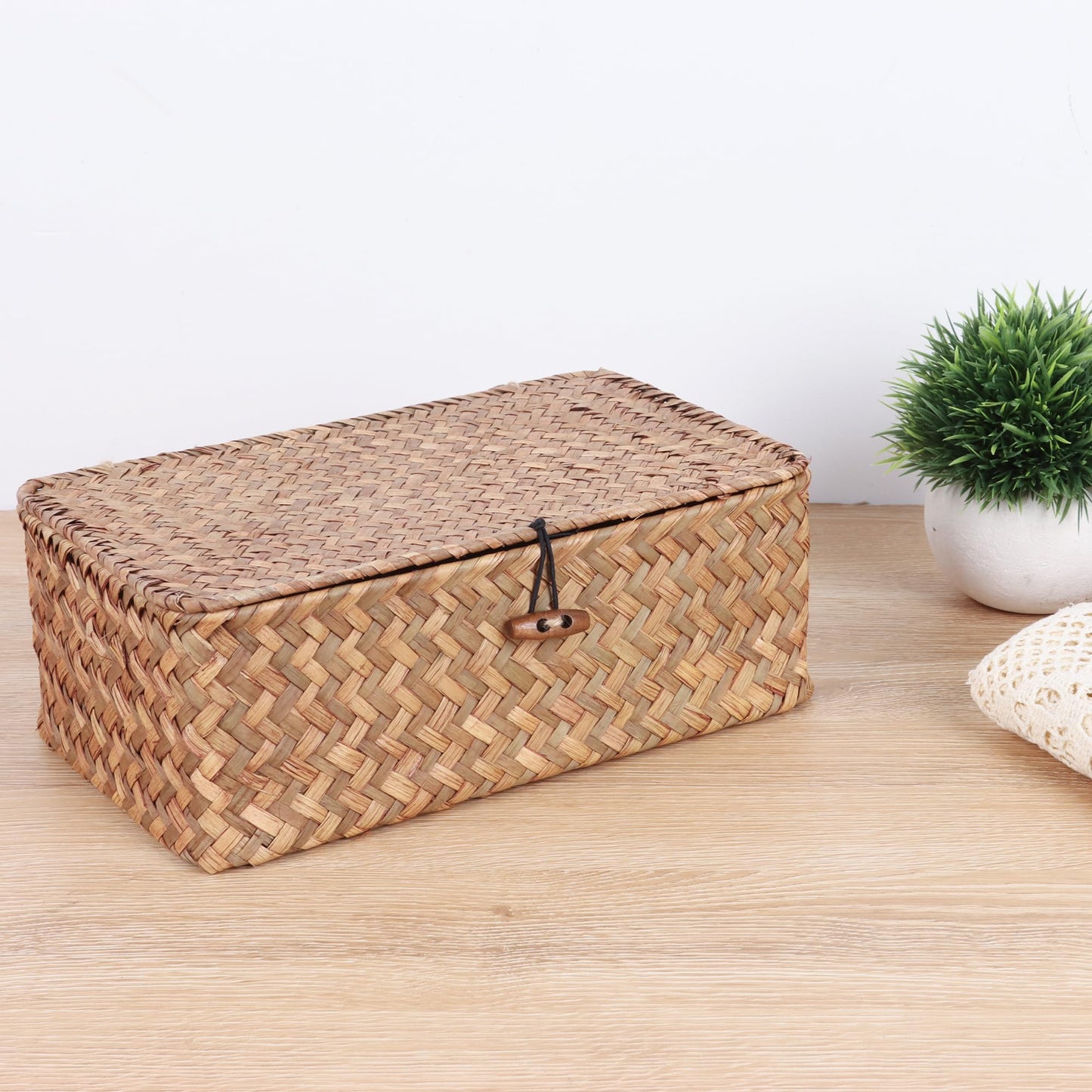 FEIALNDUO Wicker Shelf Baskets with Lid,Seagrass Storage Basket Bins Rectangular Handwoven Basket Boxes for Shelves Desktop Home Organizer