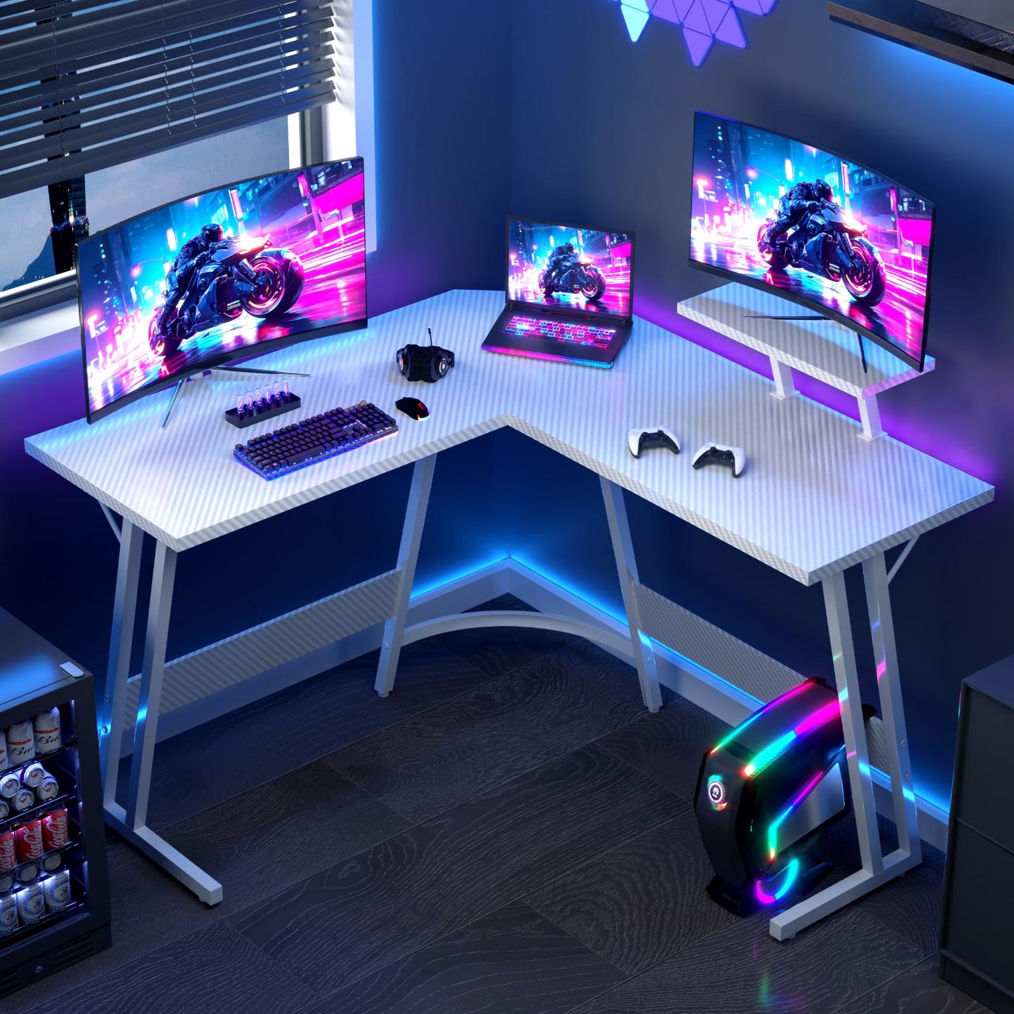 JUMMICO L Shaped Gaming Desk with Large Monitor Stand 120x120x75cm,Corner Desk for Home Office Study Writing Workstation, White