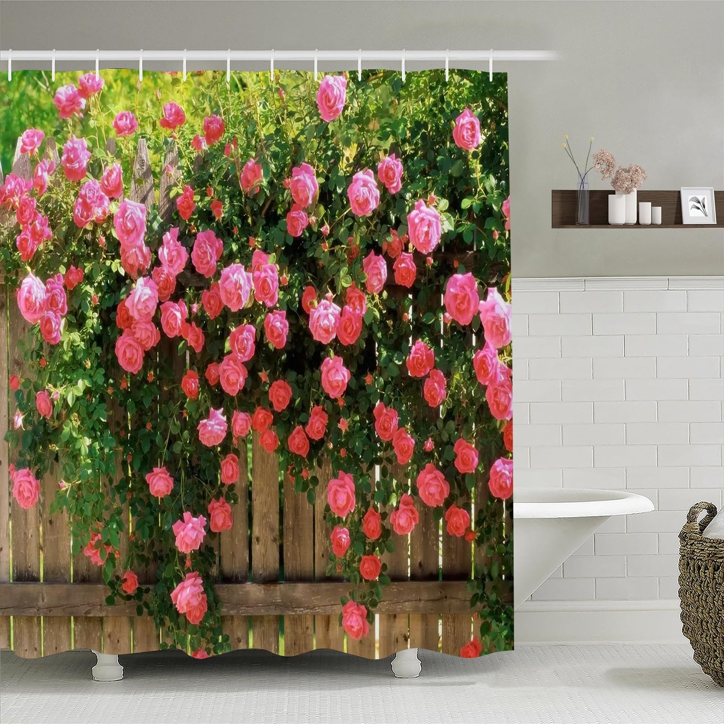 Simpomsy Outdoor Shower Curtain Garden Decor, Pink Rose Shower Curtain Green Plant Spring Garden Landscape Bathroom Curtain Waterproof Cloth Fabric