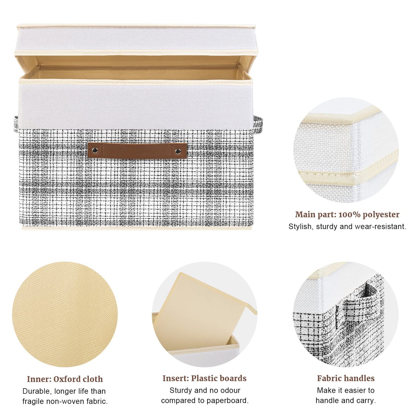 TYEERS Collapsible Storage Box with Lid, Patchwork Design, Decorative, Fabric Storage Box for Clothes, Wardrobe Storage, 38x25x25 cm, Set of 5, Grey