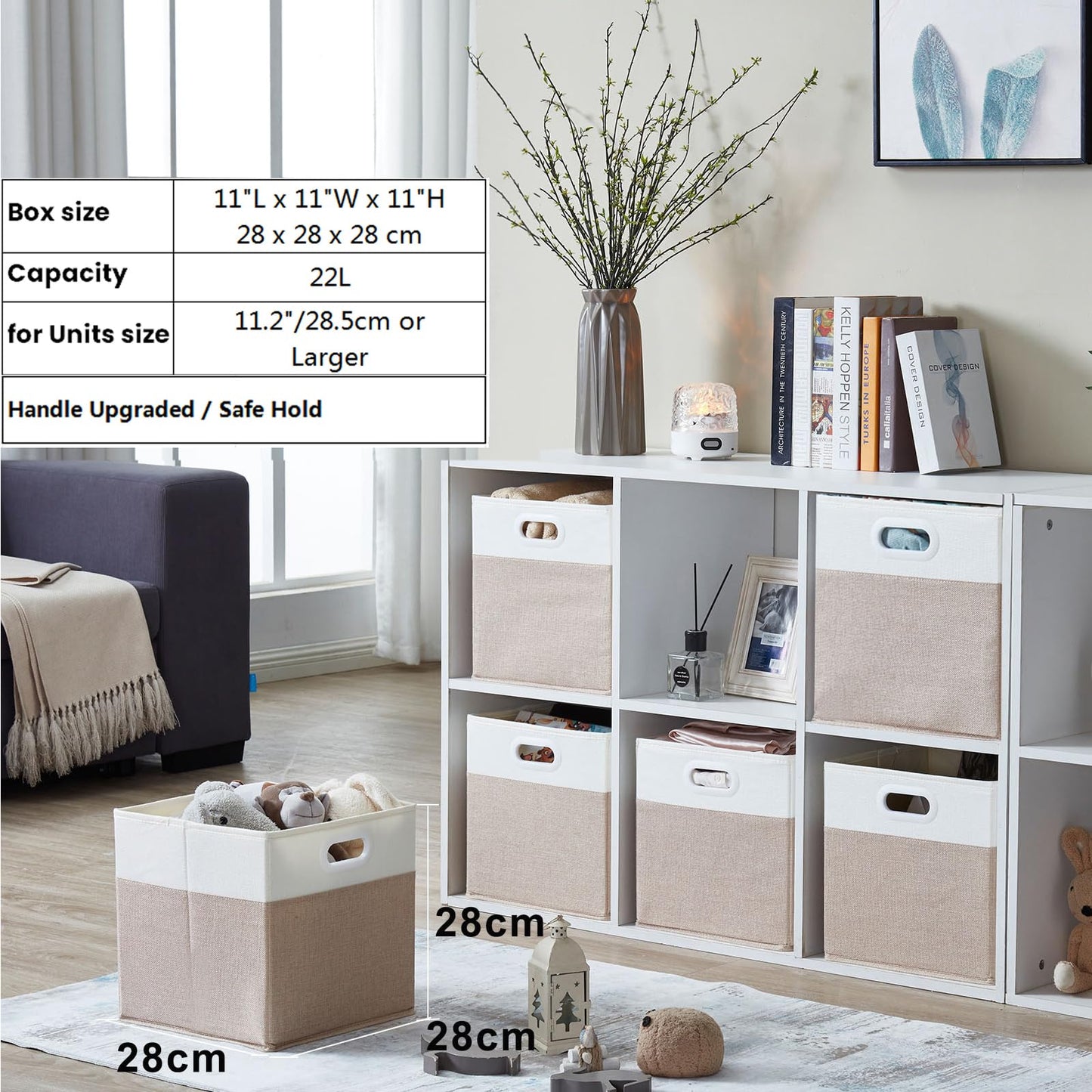 Mangata Cube Storage Boxes 28x28x28 cm, Fabric Storage Cube Baskets for Clothes Bins, Baskets, Chests,Toys (Light Khaki/Cream White, 4Pcs)
