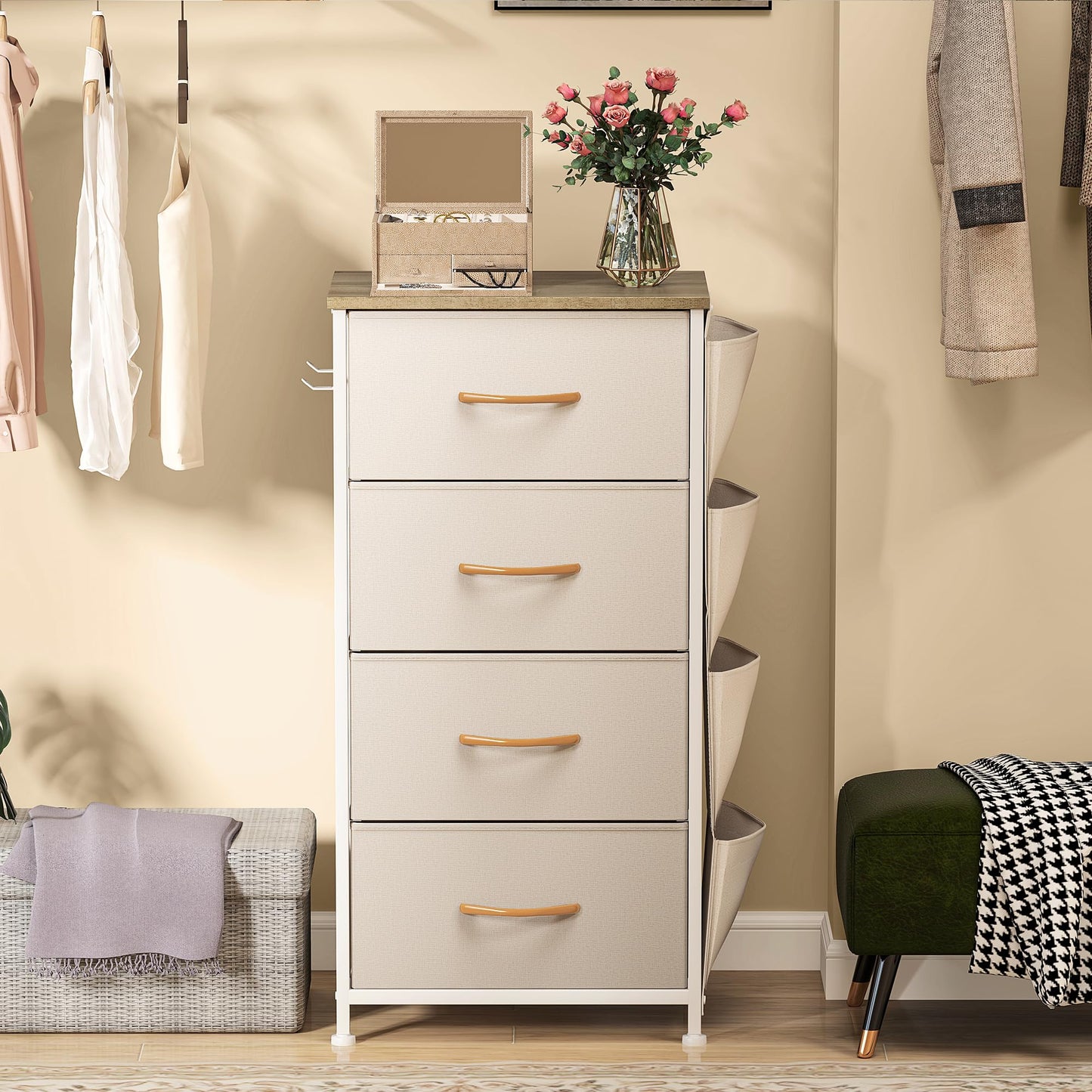 DWVO Narrow Chest of Drawers with 4 Drawers, Fabric Chest Drawers with Side Pocket&Hooks,Easy Pull Handle,Sturdy Steel Frame for Bedroom,Living