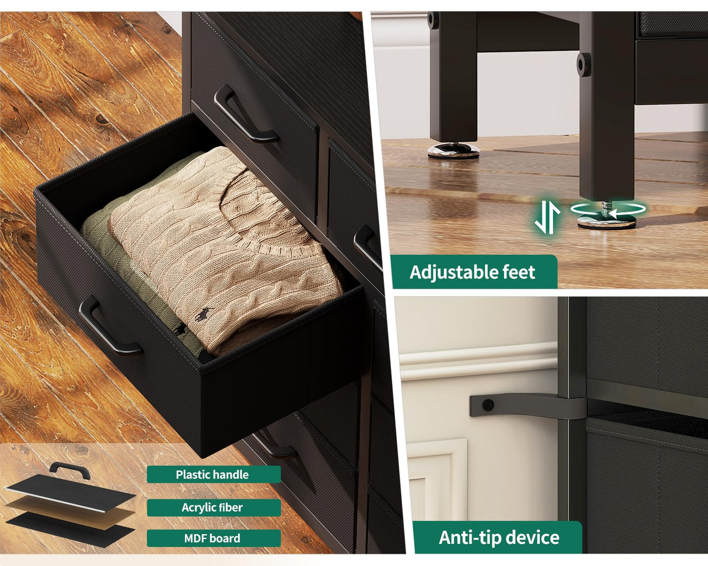 Coleshome Large Chest of Drawers Bedroom, 13 Large Fabric Drawers, Black