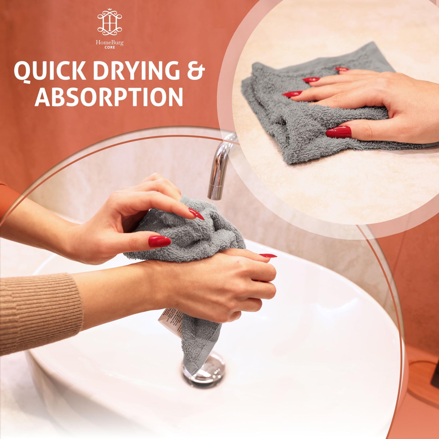 HomeBurg CORE 10-Piece Cotton Washcloths for Bathroom and Kitchen