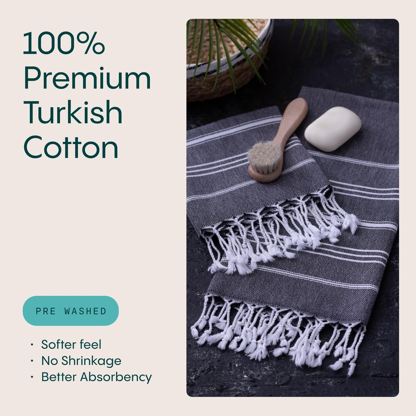 WETCAT Turkish Hand Towels with Hanging Loop, Set of 2 (20" x 30") 100% Turkish Cotton, Pre-Washed, Quick Drying, for Kitchen or Bathroom - Black