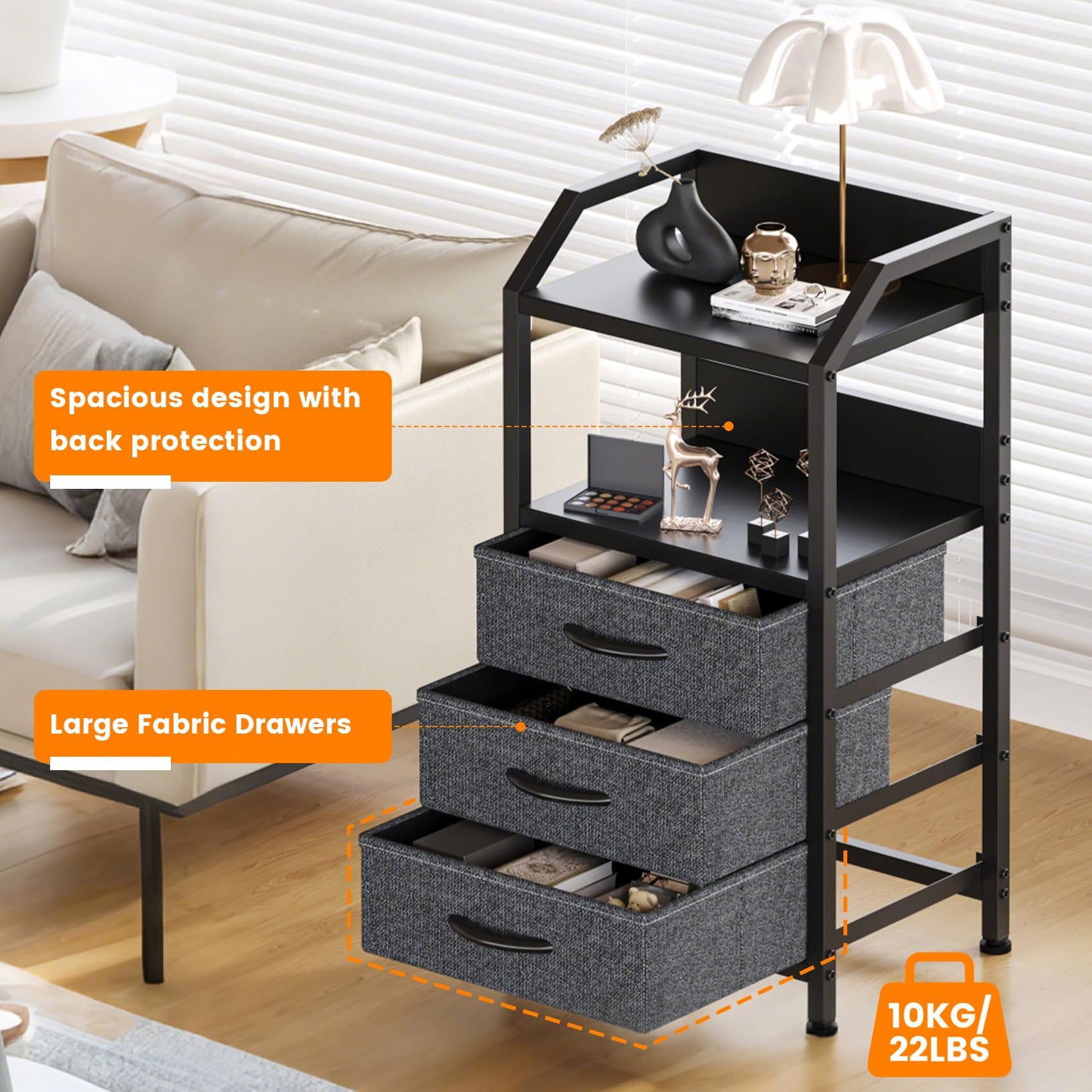 Feonase Bedside Table with 3 Fabric Drawers and Open Shelf, Nightstand for Bedroom, Living Room, Small Spaces – Metal Frame & Wooden Top