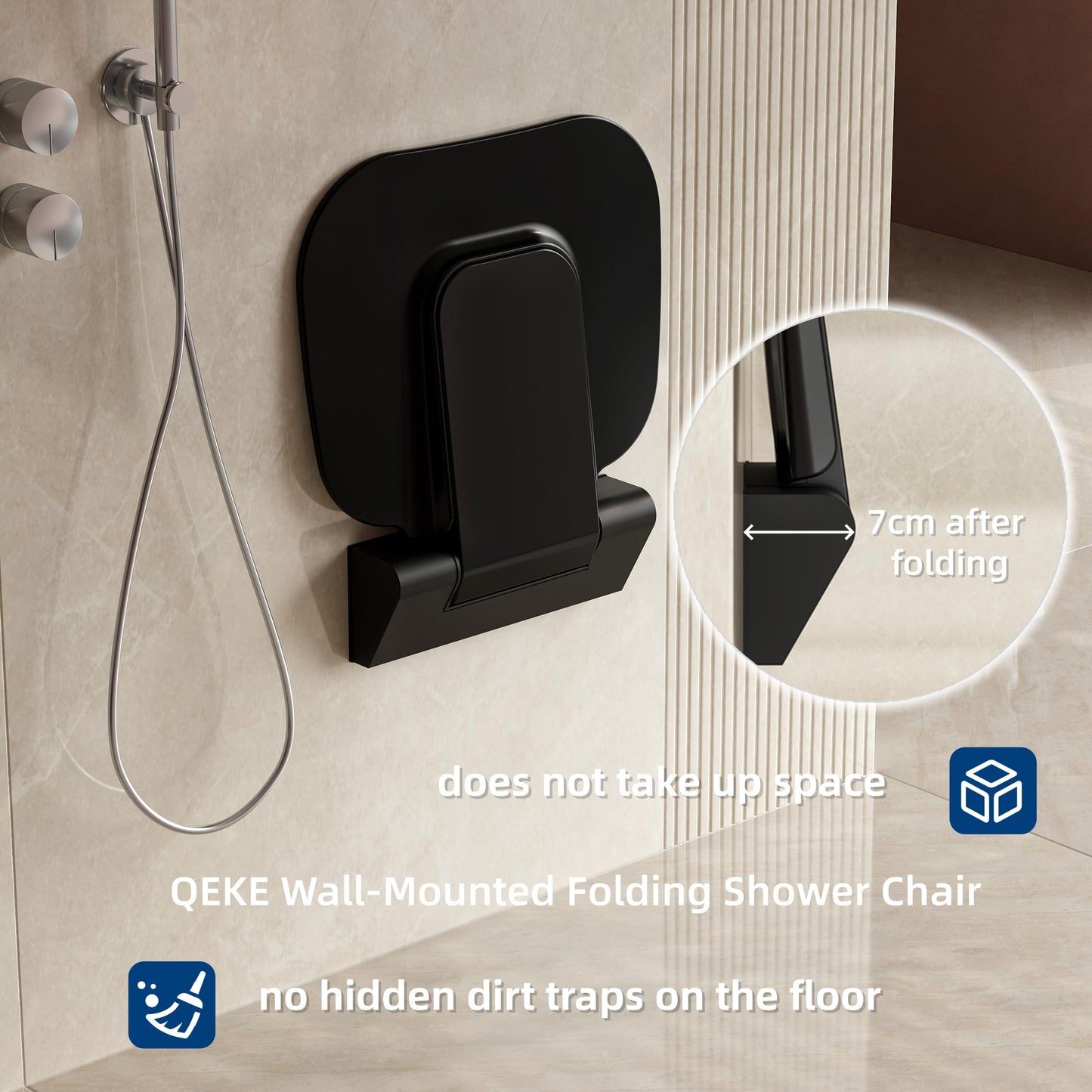 QEKE Foldable Shower Seat Wall Mounted, Bathroom Folding Chair for Saving Space, also as Shoe-Changing Stool, Black